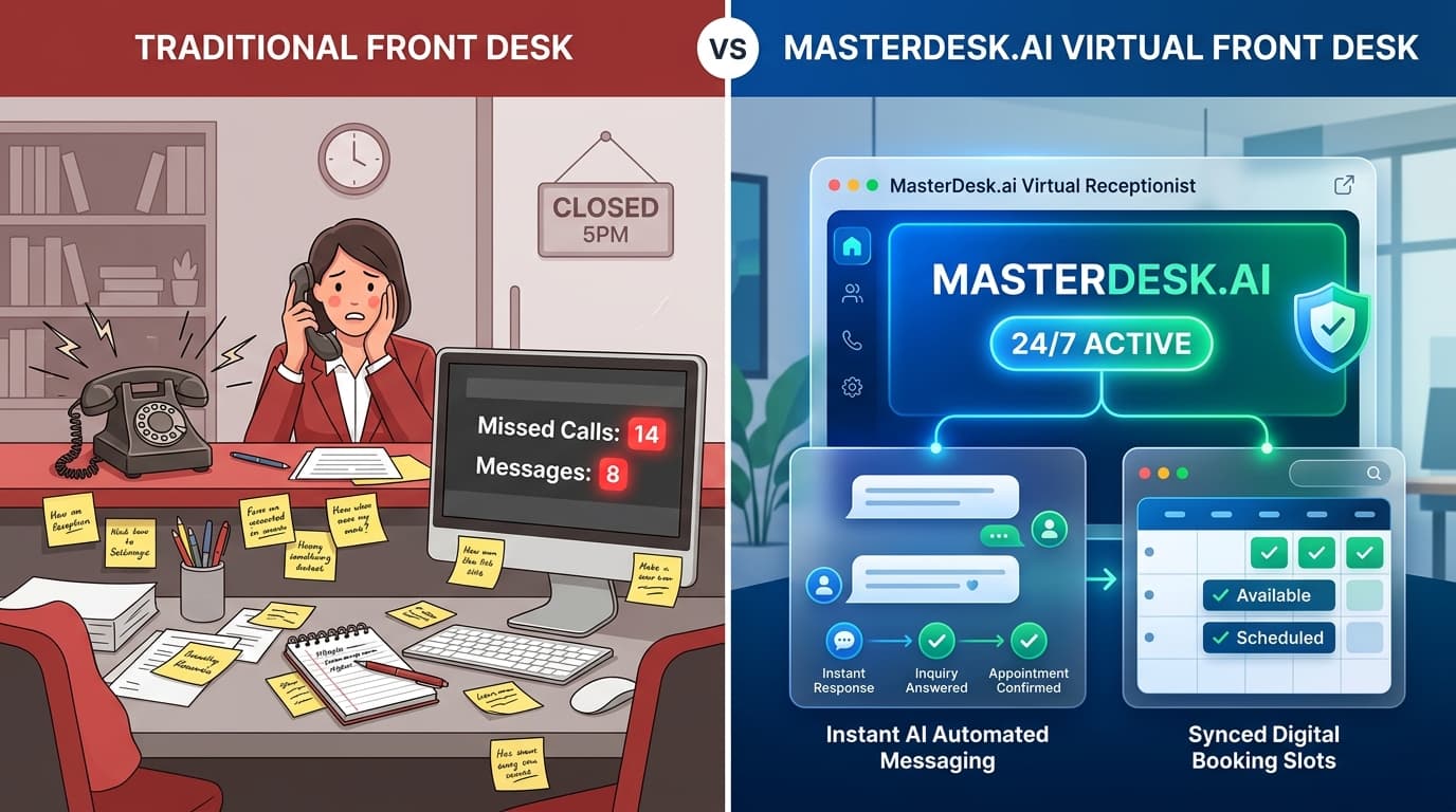 Comparison of Traditional Front Desk vs MasterDesk.ai Virtual Front Desk
